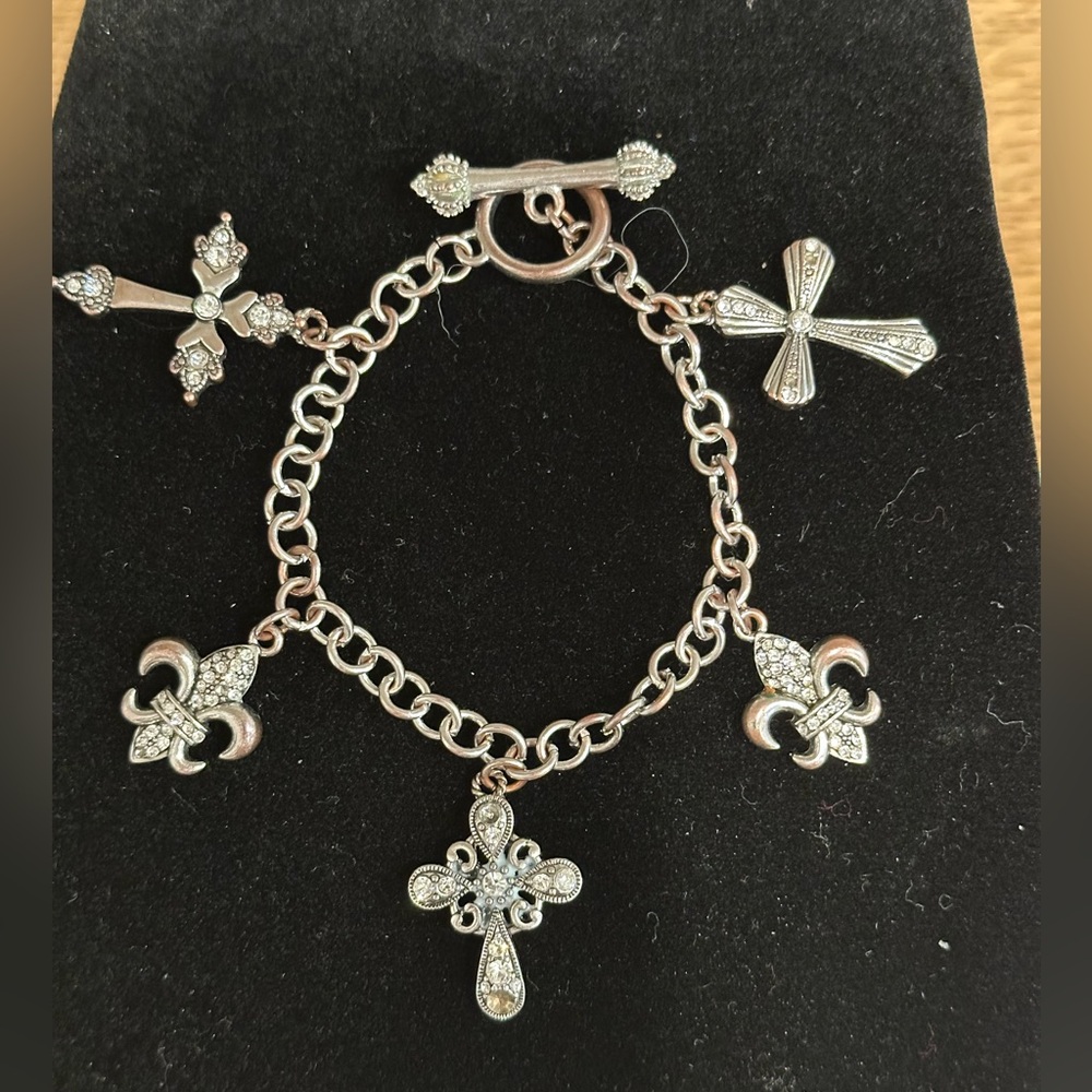 Silver Tone Cross & Fleur-de-Lis Charm Bracelet - Women's Jewelry - Picture 1 of 1